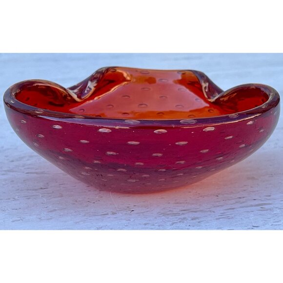 Murano Blown Glass Bowl With Bucillante Bubbles Red 6.25"x5.75"x2.25" Italy Gift - Picture 5 of 16